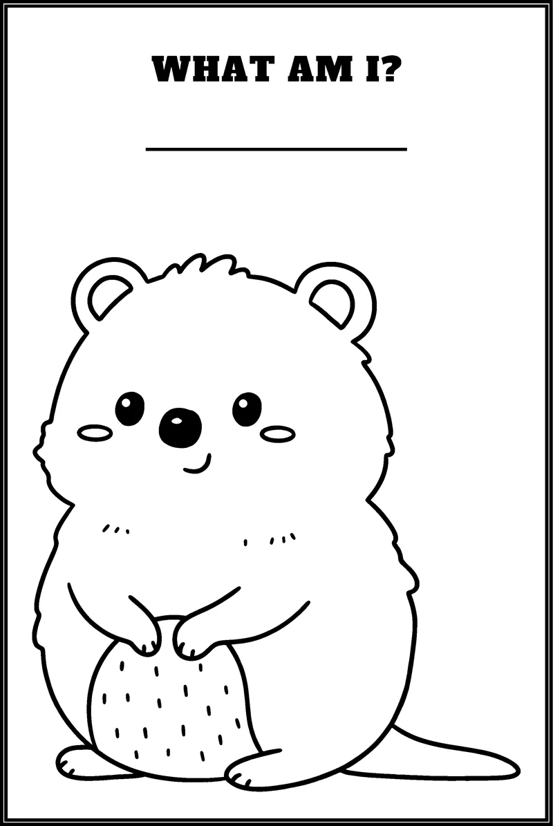 A round beaver holds a log in its paws under the question What Am I and a blank line.