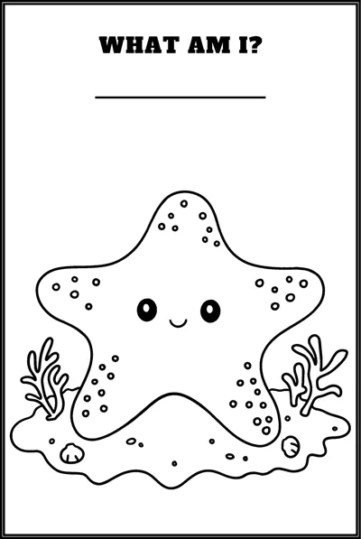 A smiling starfish rests on sand with seaweed under the question What Am I and a blank line.