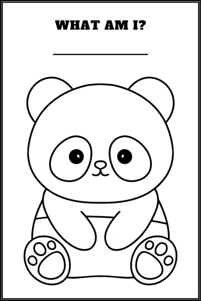 A round panda sits with its paws out under the question What Am I and a blank line.