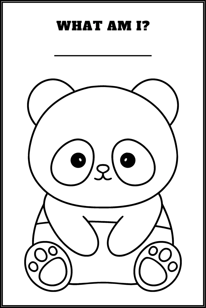 A round panda sits with its paws out under the question What Am I and a blank line.