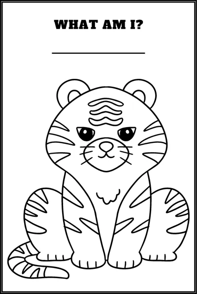 A striped tiger cub sits facing forward under the question What Am I and a blank line.