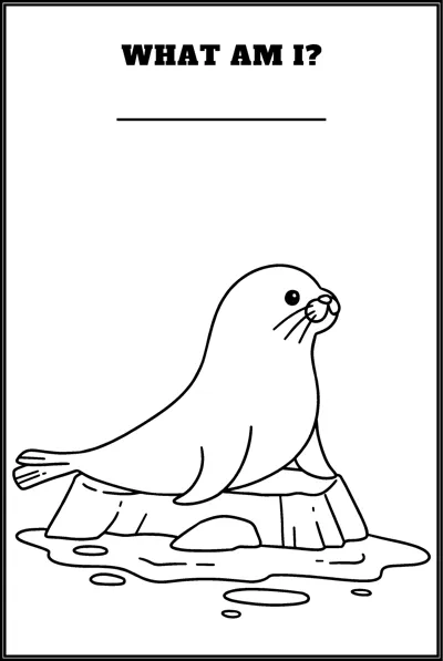 A seal lies on a rock by the water under the question What Am I and a blank line.