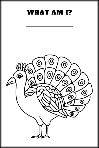 A peacock with a patterned tail stands under the question What Am I and a blank line.