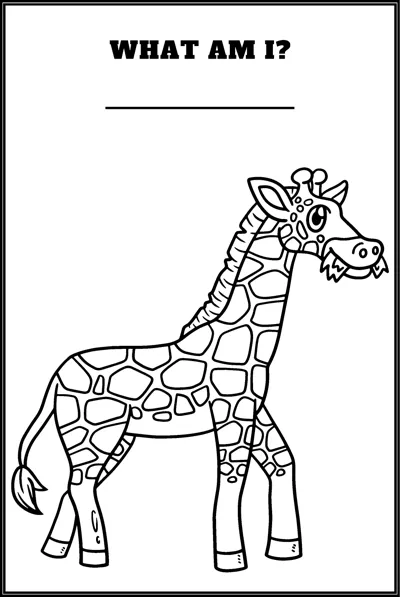 A spotted giraffe stands chewing a leaf under the question What Am I and a blank line.