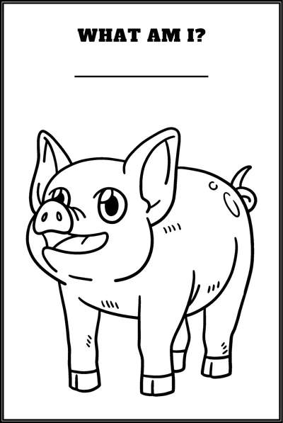 A smiling pig with a curly tail stands facing forward under the question What Am I.