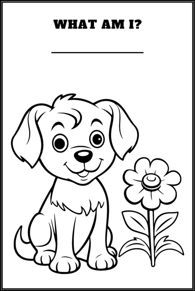 A floppy-eared puppy sits next to a tall flower under the question What Am I.