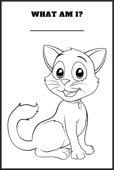 A smiling cat with a collar sits with its tail curled under the question What Am I.