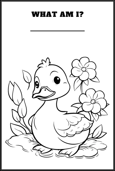 A duckling sits among leaves and flowers under the question What Am I and a blank line.