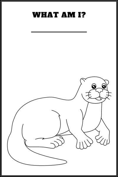 A long otter with whiskers lies stretched out under the question What Am I and a blank line.