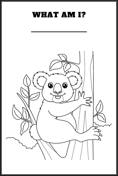 A koala hugs a tree trunk with leafy branches under the question What Am I.