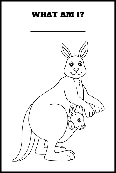 A kangaroo stands with a joey peeking from its pouch under the question What Am I.