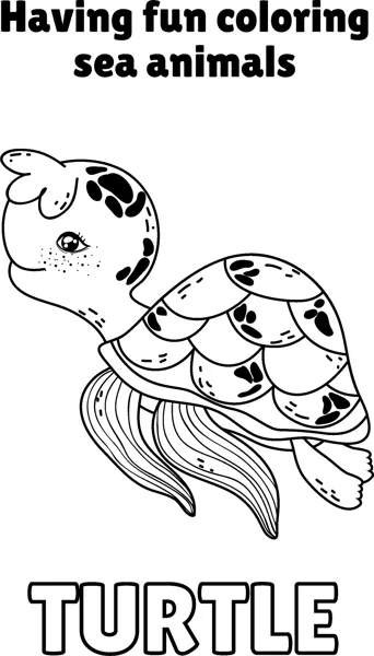 A smiling sea turtle with a patchy shell and striped flippers swims under a Having Fun heading.