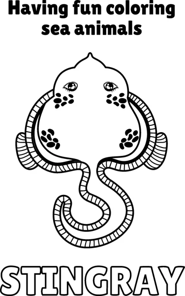 A stingray with dark spots and a curling tail is shown under a Having Fun Sea Animals heading.