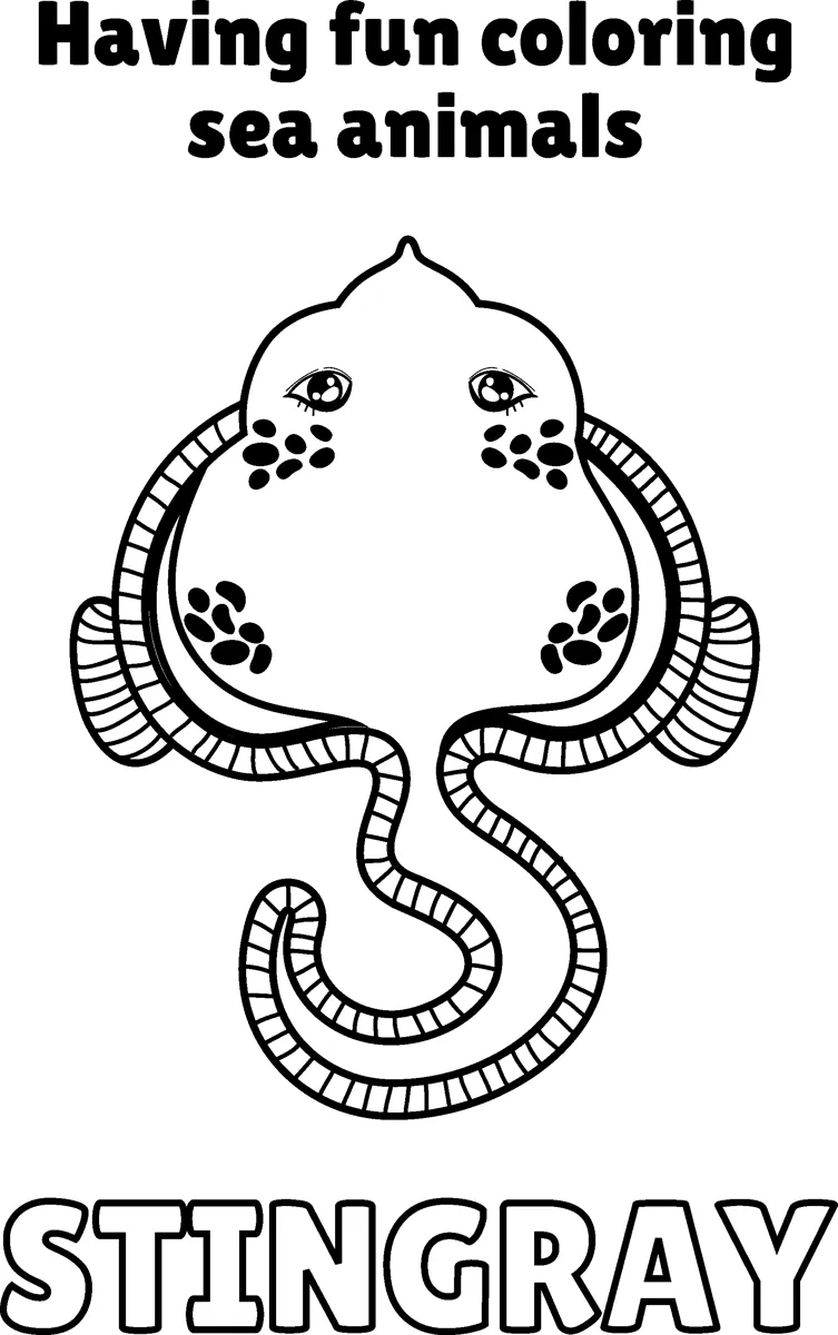A stingray with dark spots and a curling tail is shown under a Having Fun Sea Animals heading.