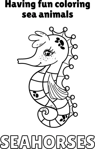 A seahorse with dark spots, striped belly and a curled tail sits under a Having Fun heading.