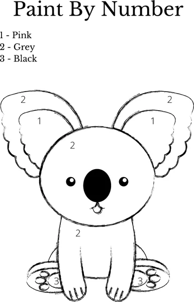 A simple koala with numbered sections sits under a Paint By Number heading with a three-colour key.