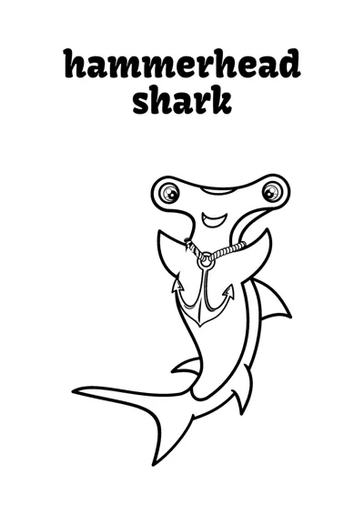 A smiling hammerhead shark carrying an anchor swims downward under its name.