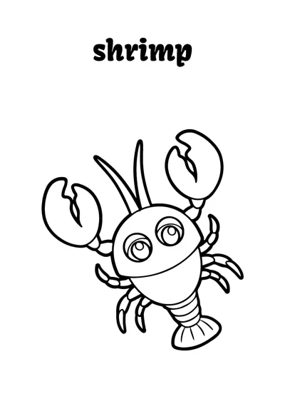 A cartoon shrimp with big eyes and raised claws sits under the word shrimp.