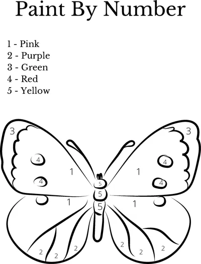 A butterfly with numbered wing sections sits under a Paint By Number heading with a five-colour key.