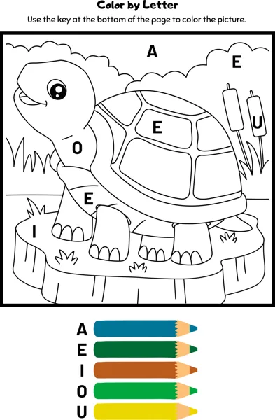 A turtle on a rock has vowel letters in its sections, with a key of coloured pencils below.