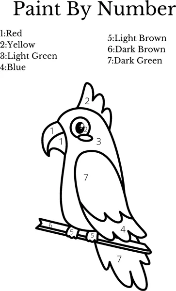 A parrot on a perch has numbered sections under a Paint By Number heading with a seven-colour key.
