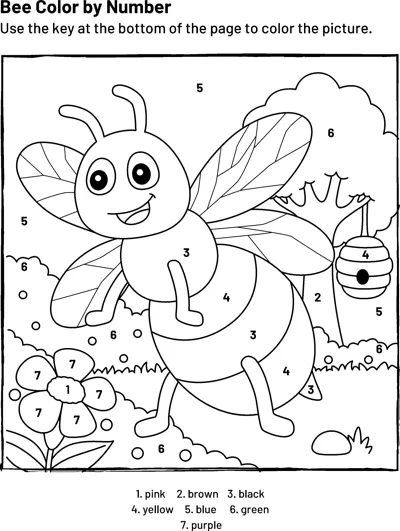 A smiling bee flies near a beehive and flowers with numbered areas and a seven-colour key below.