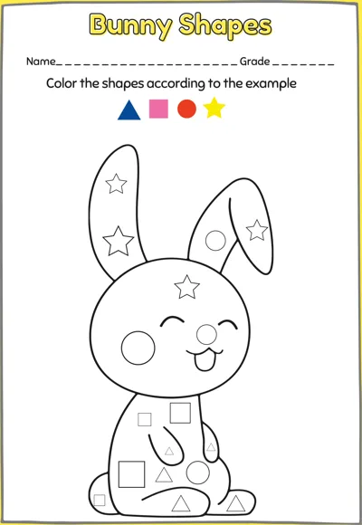 A bunny covered in small shapes sits under a key showing a triangle, square, circle and star.