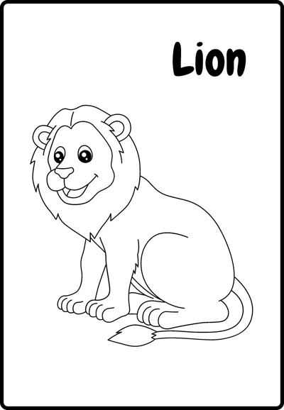 A lion with a full mane sits facing sideways under the word Lion.