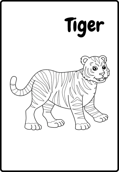 A striped tiger walks sideways with its tail raised under the word Tiger.