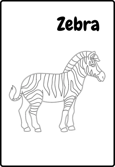 A lightly outlined zebra with stripes stands sideways under the word Zebra.