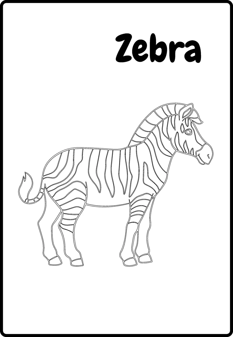 A lightly outlined zebra with stripes stands sideways under the word Zebra.
