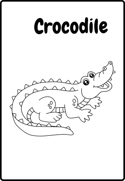 A spotted crocodile crawls on four legs with its mouth slightly open under the word Crocodile.