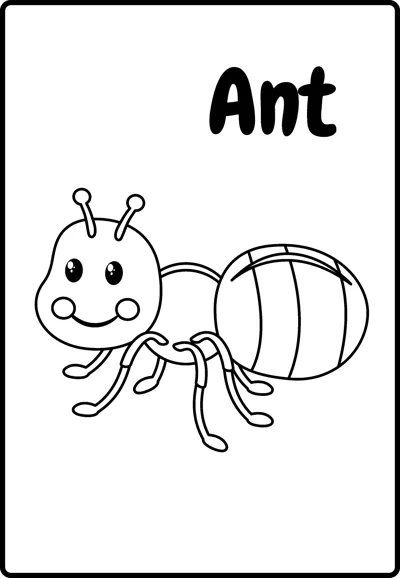 A cartoon ant with big eyes and a striped abdomen walks sideways under the word Ant.