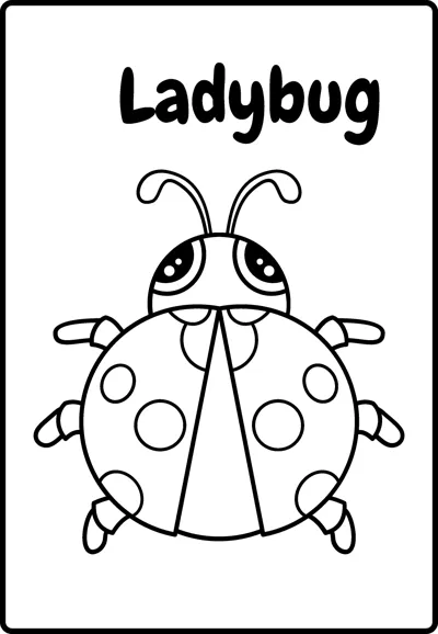 A round ladybug with big eyes and spotted wings faces forward under the word Ladybug.