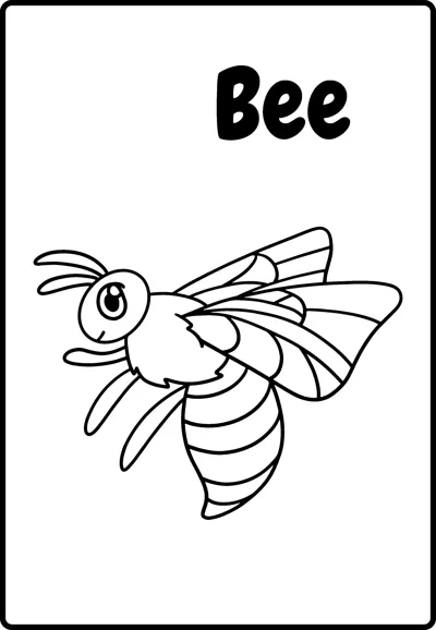 A striped bee with big eyes and spread wings flies sideways under the word Bee.