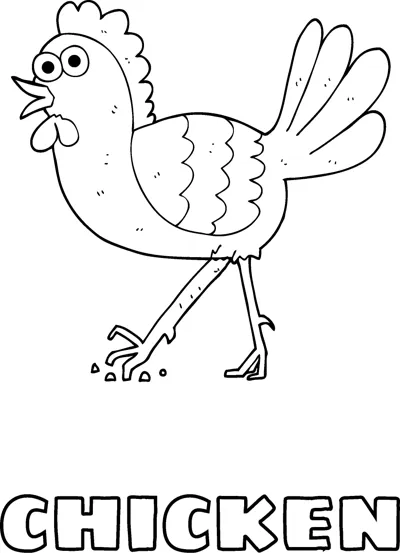 A cartoon chicken with a comb and tail feathers pecks at seeds above the word Chicken.
