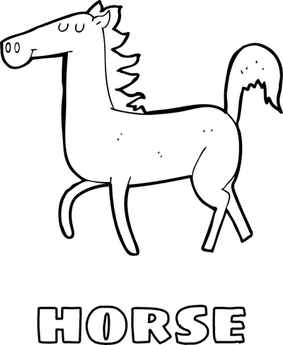 A cartoon horse with a flowing mane and tail trots sideways above the word Horse.