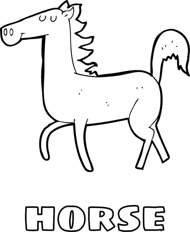 A cartoon horse with a flowing mane and tail trots sideways above the word Horse.