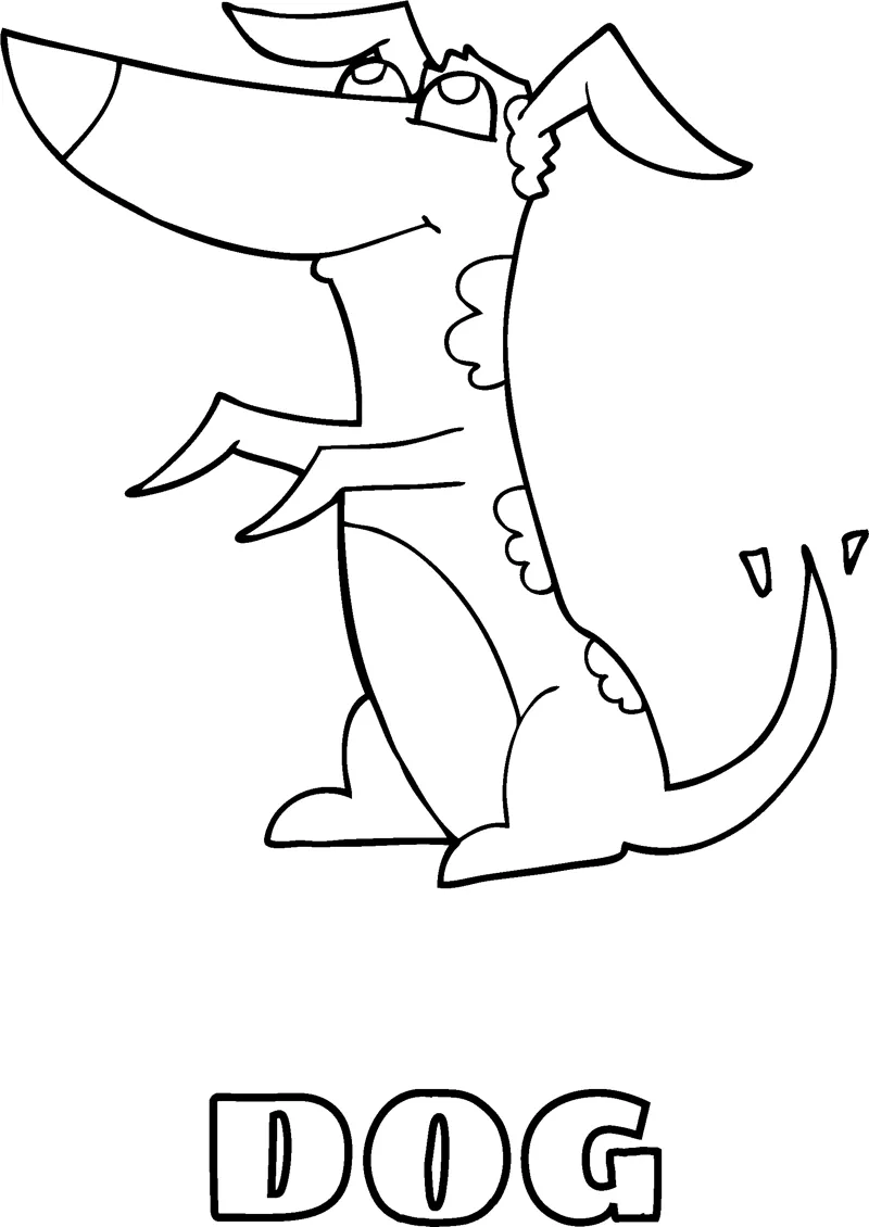 A scruffy cartoon dog sits with its ears raised and tail out above the word Dog.