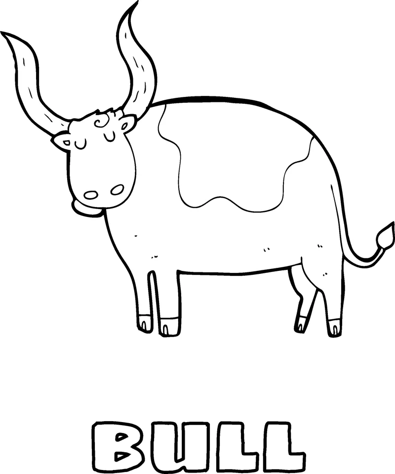 A patchy bull with long curved horns stands sideways above the word Bull.