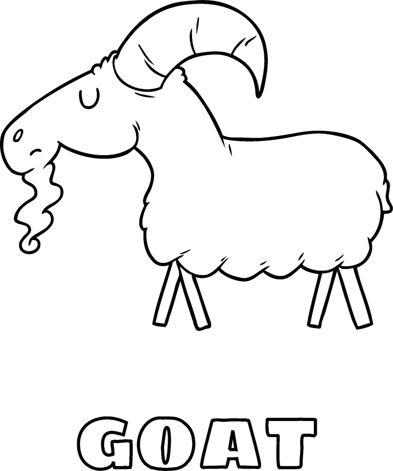 A shaggy goat with a beard and curled horns stands sideways above the word Goat.