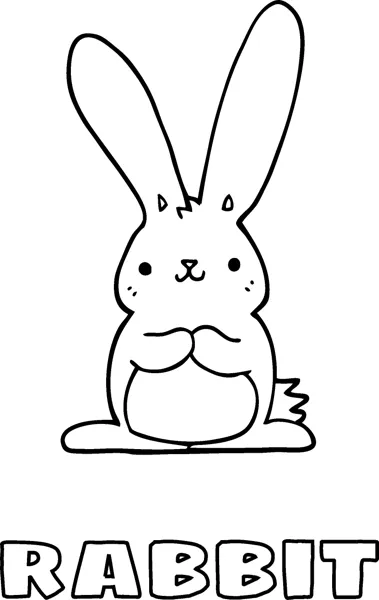 A rabbit with tall ears and a small face sits upright above the word Rabbit.