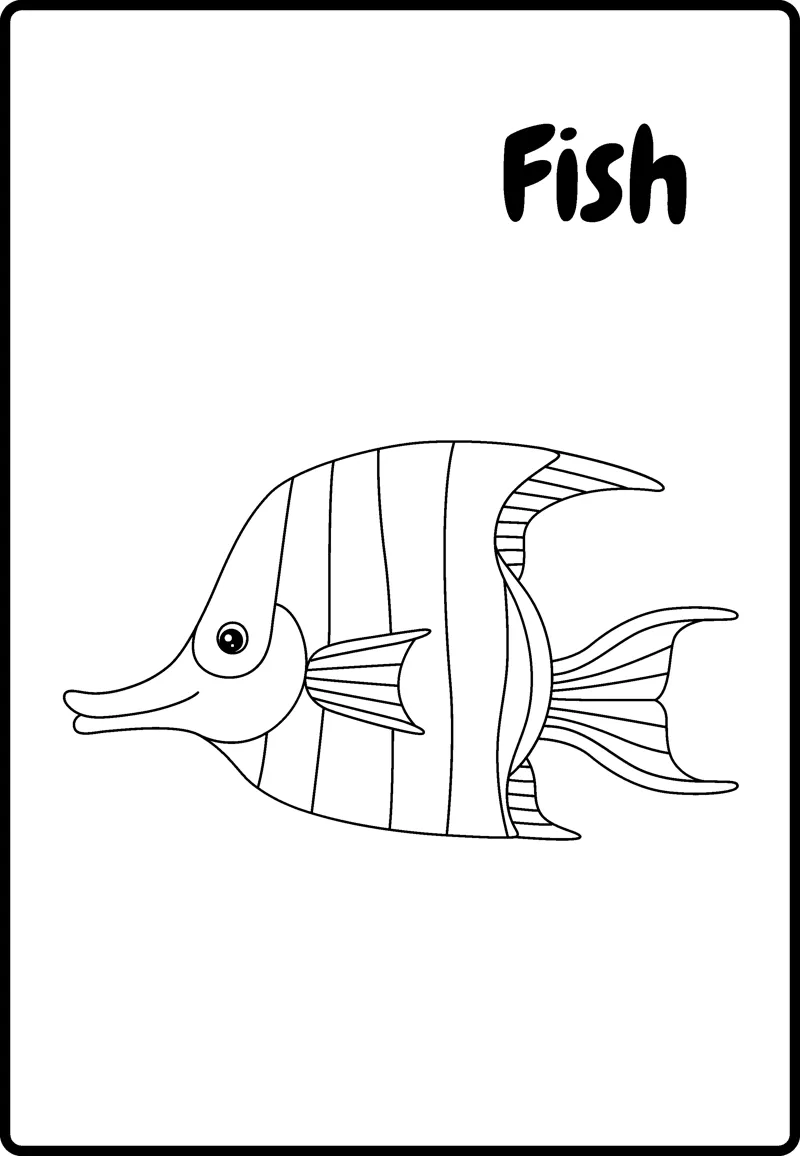 A striped tropical fish with a long nose and tall fins, labelled Fish, inside a rounded frame.