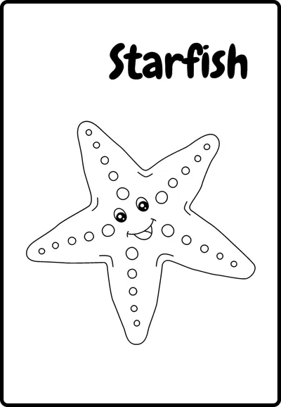 A five-armed starfish with a smiling face and dotted arms, labelled Starfish, inside a rounded frame.