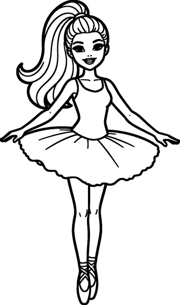 Barbie stands on tiptoe in pointe shoes, wearing a leotard and a wide frilly tutu, with her arms held out gracefully.