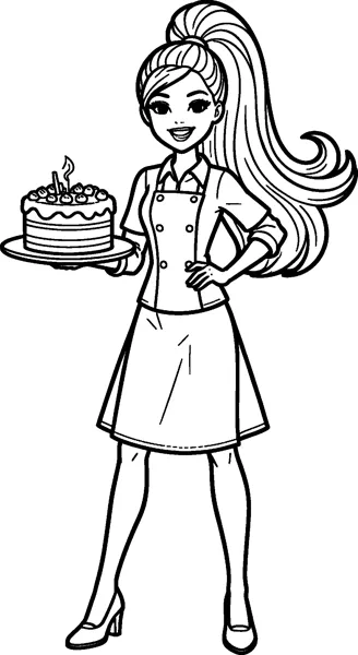 Barbie in a buttoned chef's jacket and knee-length skirt holds up a layered cake on a plate with one hand on her hip.