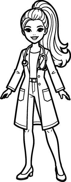 Barbie wears a long white doctor's coat with pockets and a stethoscope around her neck, smiling with her arms by her sides.