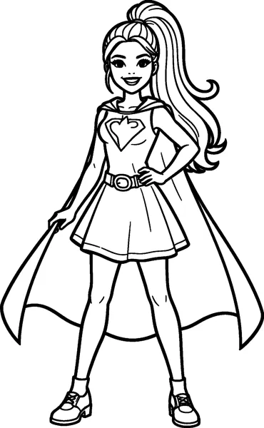 Barbie stands confidently with a hand on her hip, wearing a superhero dress with a heart emblem, a belt and a long flowing cape.