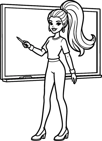 Barbie in a short-sleeved top and trousers stands smiling in front of a large chalkboard, pointing at it with a piece of chalk.