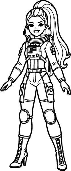 Barbie stands in a space suit with a chest control panel, knee pads and laced boots, smiling with her ponytail flowing.
